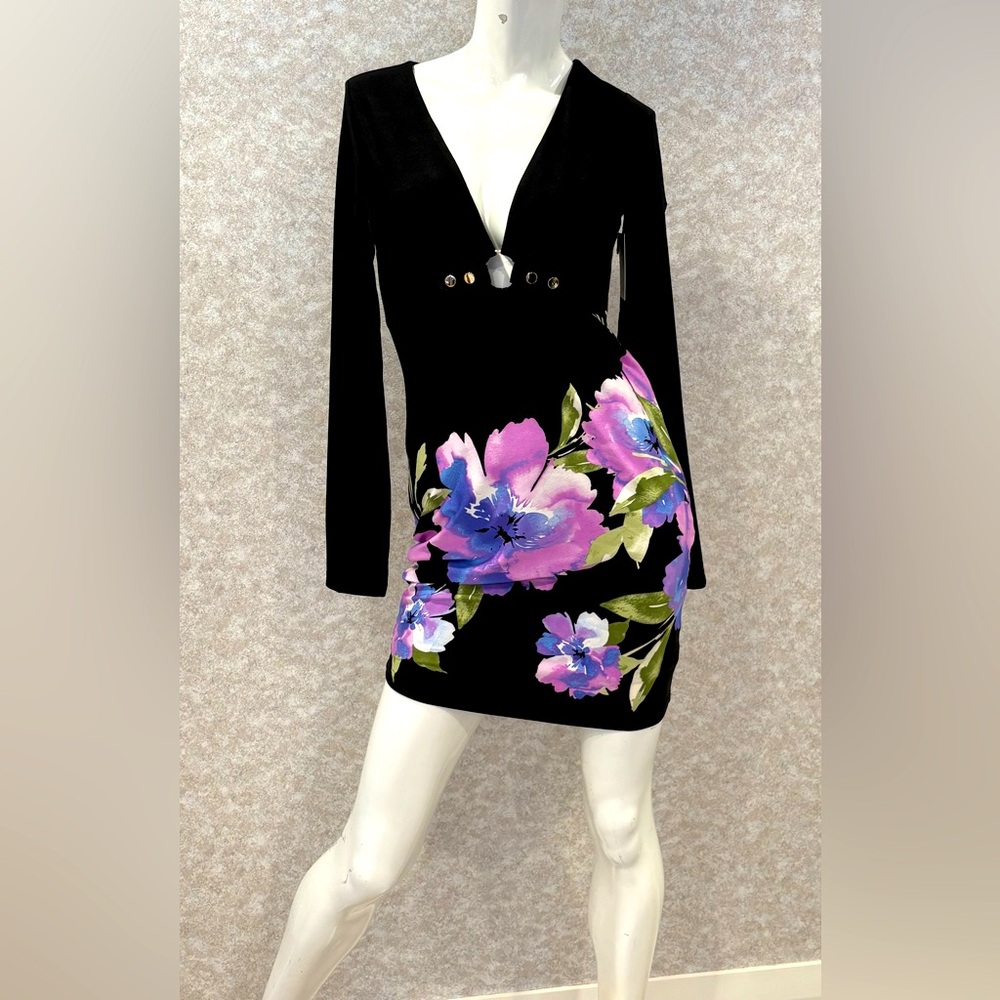 JLUXLABEL Black and Pink Long Sleeve Bodycon Dress